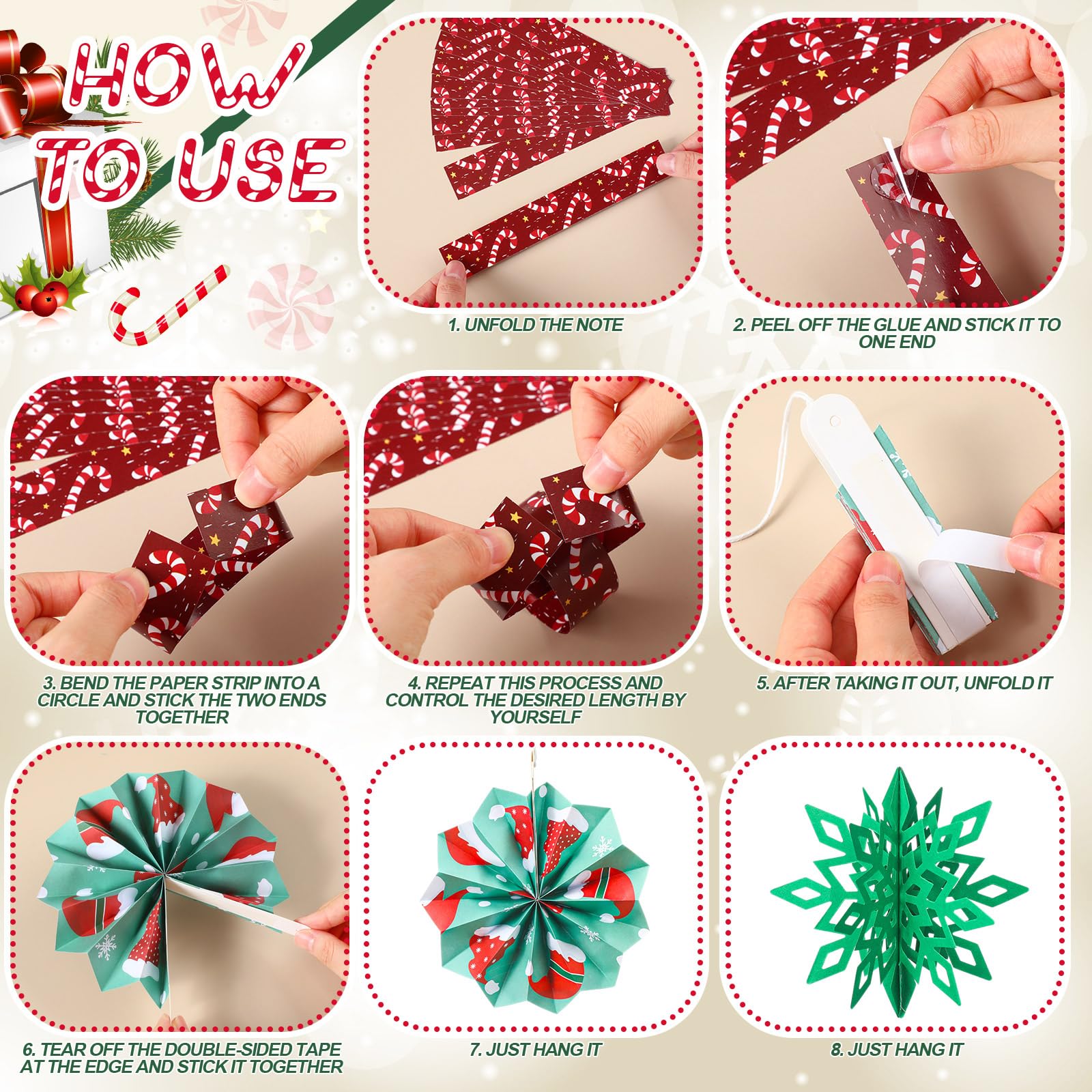 Yexiya 612 Stück Weihnachtsfeier-Dekorationen, einschließlich 600 Blatt Zuckerstangen, Papierkettenstreifen mit 6 Stück 3D-Papier-Schneeflocke, 6 Fächer, festliches Bastelzubehör für Weihnachten