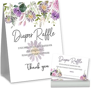 Baby Shower Diaper Raffle Game, Floral Greenery Baby Shower Party Game Set, 1 Sign With 50 Raffle Tickets set –B010