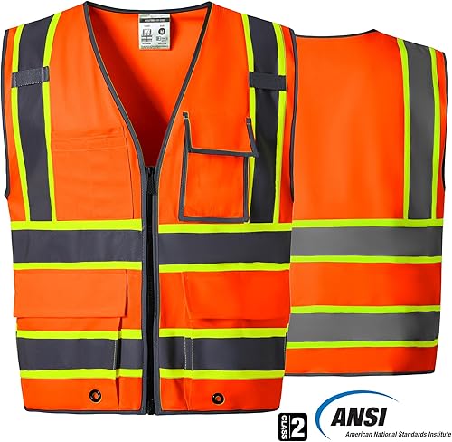 Miniatura 8 de SKSAFETY Chaleco de seguridad de nivel profesional de 10 bolsillos, chaleco de seguridad de alta visibilidad clase 2 con cremallera, chaleco de alta