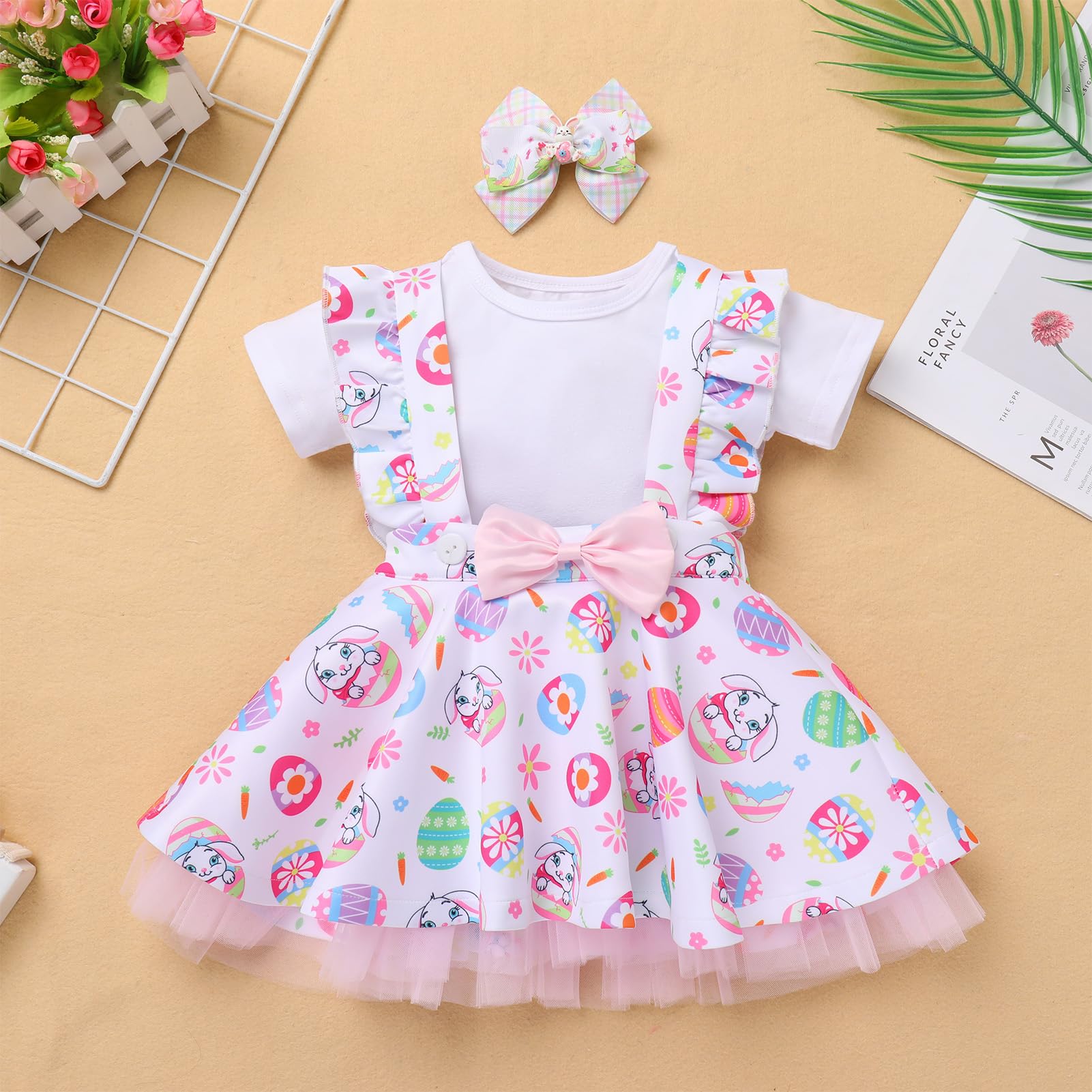 Toddler Girls Easter Outfits - White Shirt Top With Suspender Bunny Eggs Carrot Print Skirt Headband Set - 12-18 Months