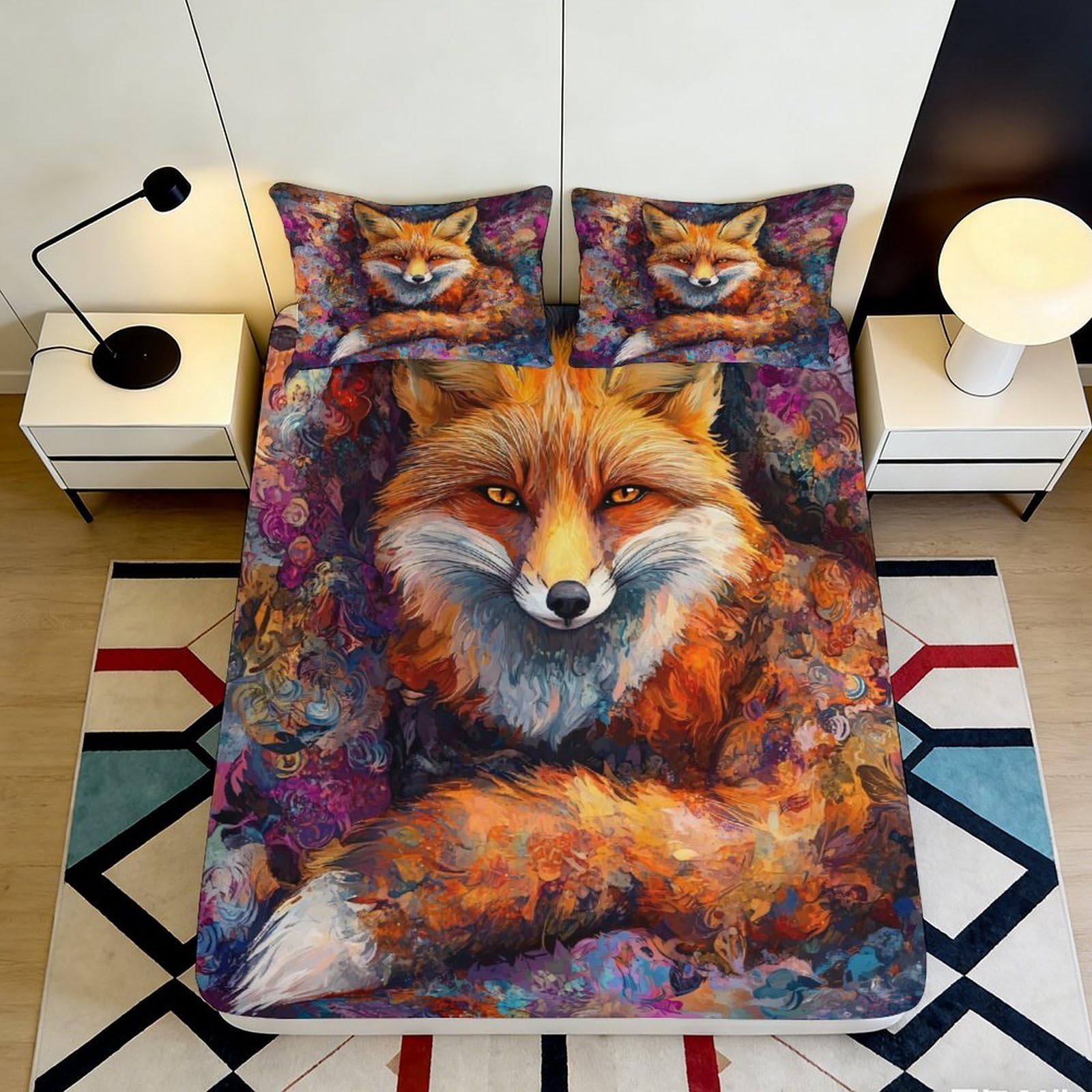 Uynsixtme Style-8 3D Printed Fox Art Fitted Sheet Microfiber Non-Slip Deep Pocket Bedroom Bedding Fox Mattress Fitted Cover Washable Full Wrap 200X200x25cm