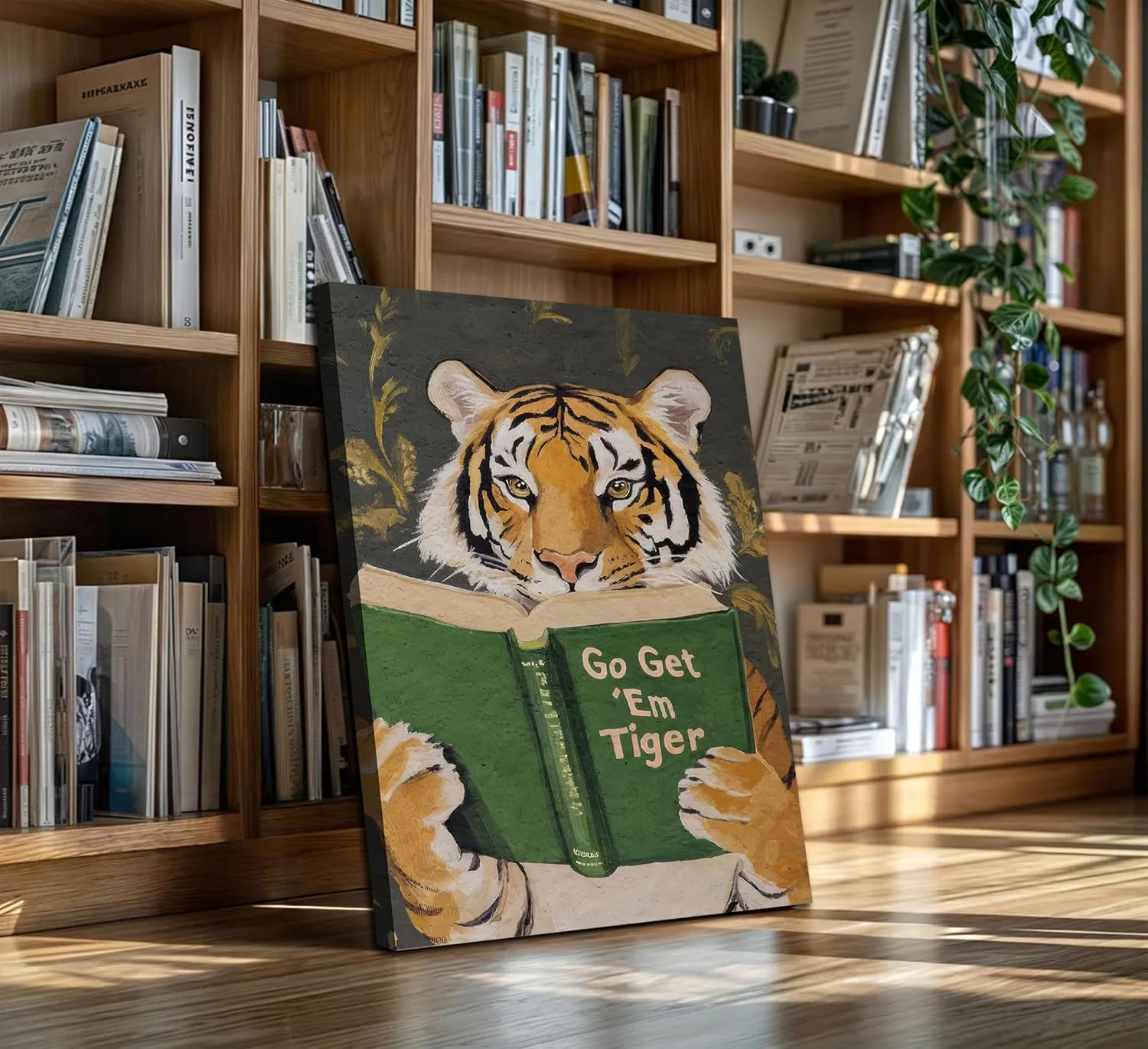 Funny Whimsical Animal Wall Art Motivational Tiger Giraffe and Zebra Reading Book Pictures Nursery Decor Humorous Bookworm Posters Literary Animal Print Artwork for Library Office Study, Framed