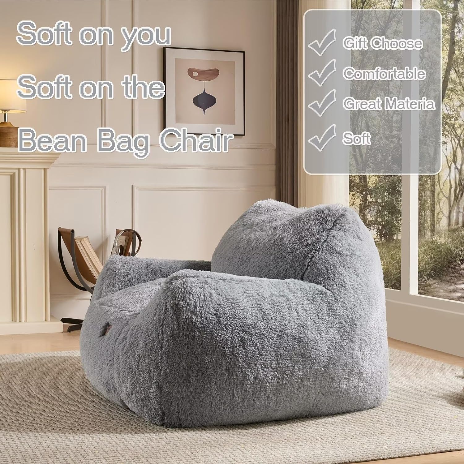 Oversized Fluffy Bean Bag Chair with Armrests, Giant Soft Plush Lazy Sofa, Comfortable Single Cloud Floor Couch for Adults, Accent Chair for Living Room Bedroom Dorm (Light Grey)