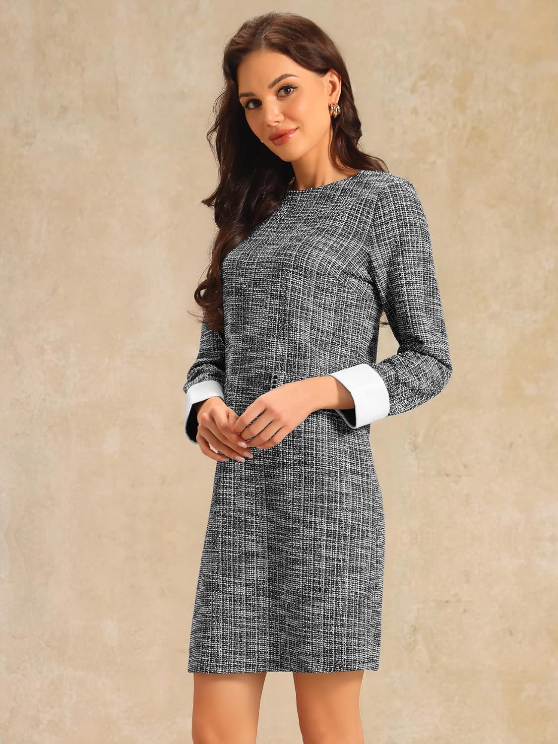 Women's Tweed Dress Formal Work Long Sleeve Sheath Dresses - Image 4