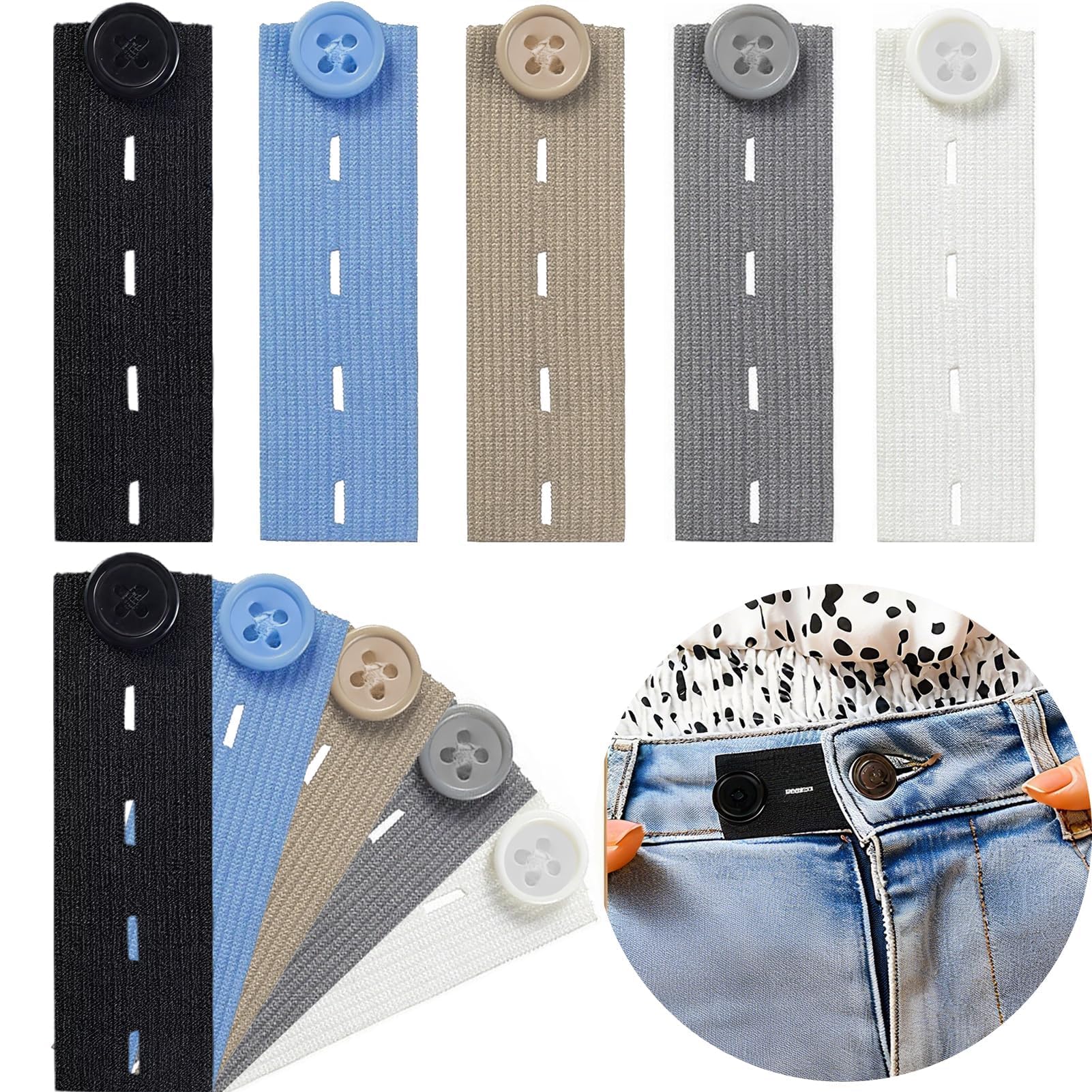 10 Piezas Extensor de Cintura para Pantalones, Botones Ajustables en Negro/Azul/Blanco/Caqui/Gris, Ideal para Embarazadas y Ajuste de Ropa, Alargador de Cintura para Hombre y Mujer