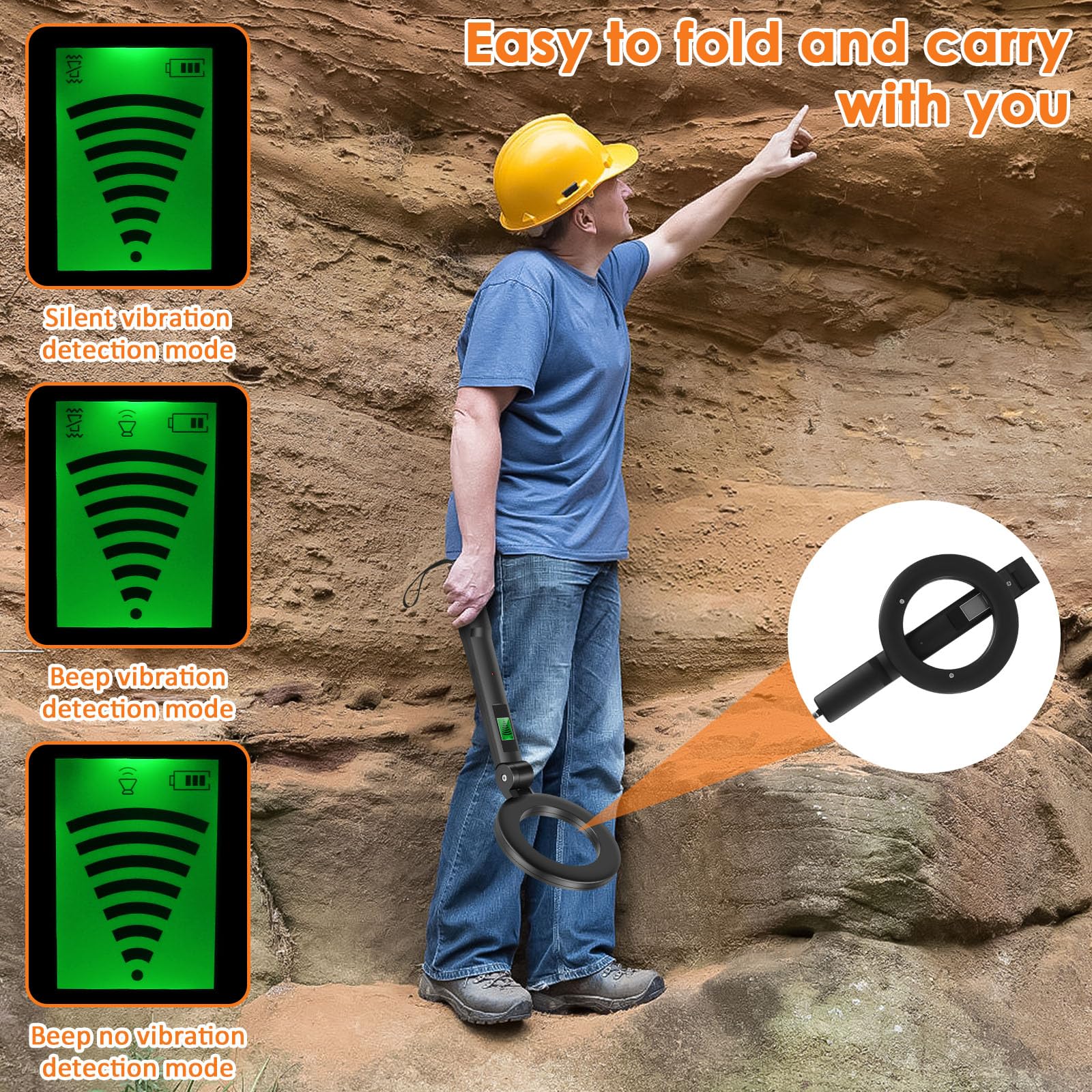 Metal detector pieghevole, display LCD portatile, strumento di rilevamento dei metalli con 3 modalità regolabili, rilevatore di metalli leggero ad alta sensibilità con bobina di ricerca impermeabile
