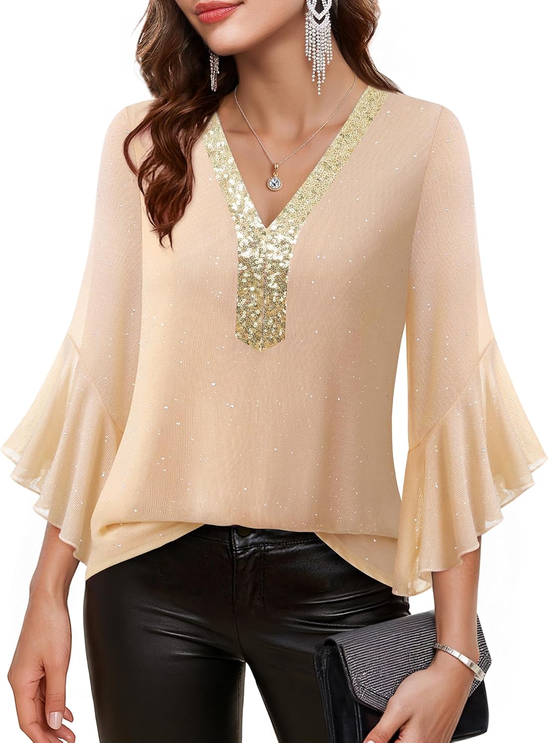 Timeson Women's Ruffle 3/4 Sleeve Sparkly Tops Sequin V Neck Blouses Dressy Fall Shirts