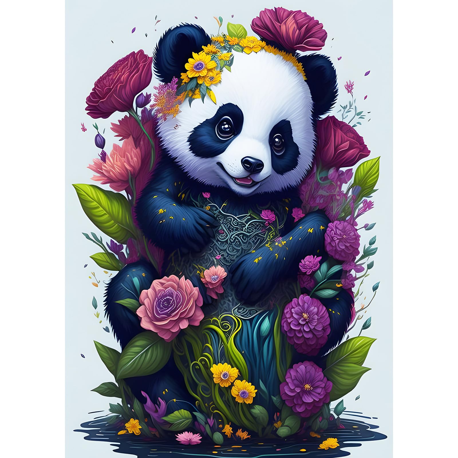 Flowers Diamond Painting, 5D Diamond Painting Kits for Adults Kids, Full Round Drill Diamond Art Kits, Panda Diamond Painting Art Crystal Rhinestone Art Craft for Home Wall Decor Gifts 30x40cm