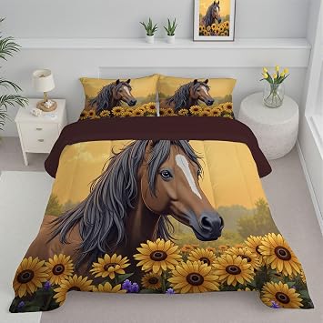 King Comforter Set Beautiful Horse Soft Easy-Wash Bedding Set Sunflower Field Lightweight Quilted Comforter with Pillow Shams for All Season 104 x 90in, Turmeric
