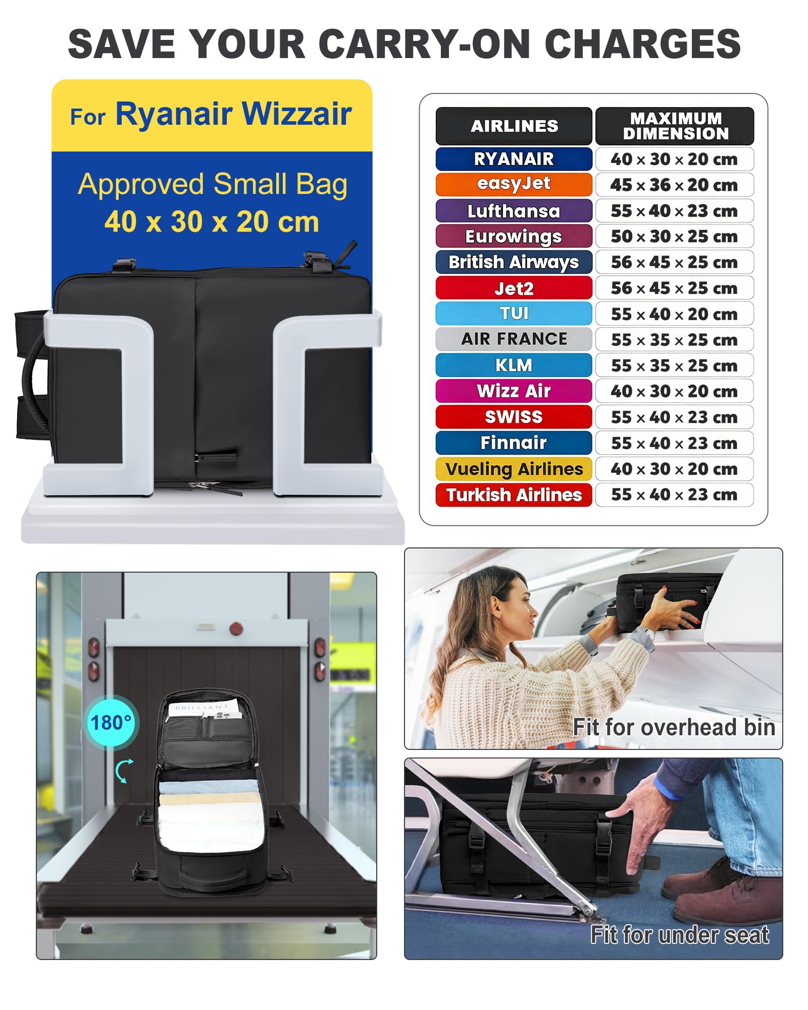 SZLX Zaino Ryanair 40x30x20 Sottovuoto Zaino da Viaggio 40x30x20 Wizzair | Bagaglio a Mano 40x30x20 Donna Uomo Borse da Cabina per Ryanair Easyjet Adatto a PC da 14 Pollici con USB e scomparto scarpe