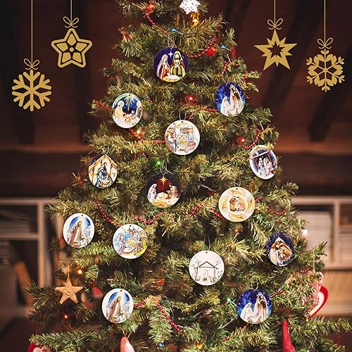 Miniatura 7 de 24 adornos de Navidad de Natividad, adornos religiosos a granel para colgar en el árbol de Navidad, decoración de madera del nacimiento de Jesús,