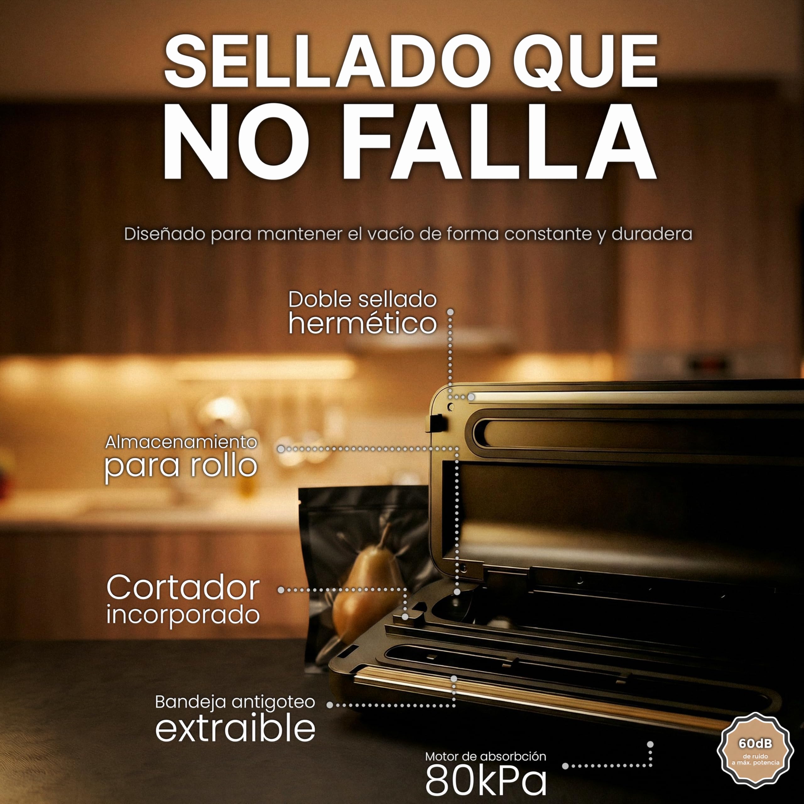 Envasadora al Vacio Doméstica 80 kPa 8 en 1, Sellado Doble Hermético, Incluye Bolsas Gofradas Negras Extra Resistentes, Cortador, Almacén de Rollos, Tapón de Vacio, Set Profesional