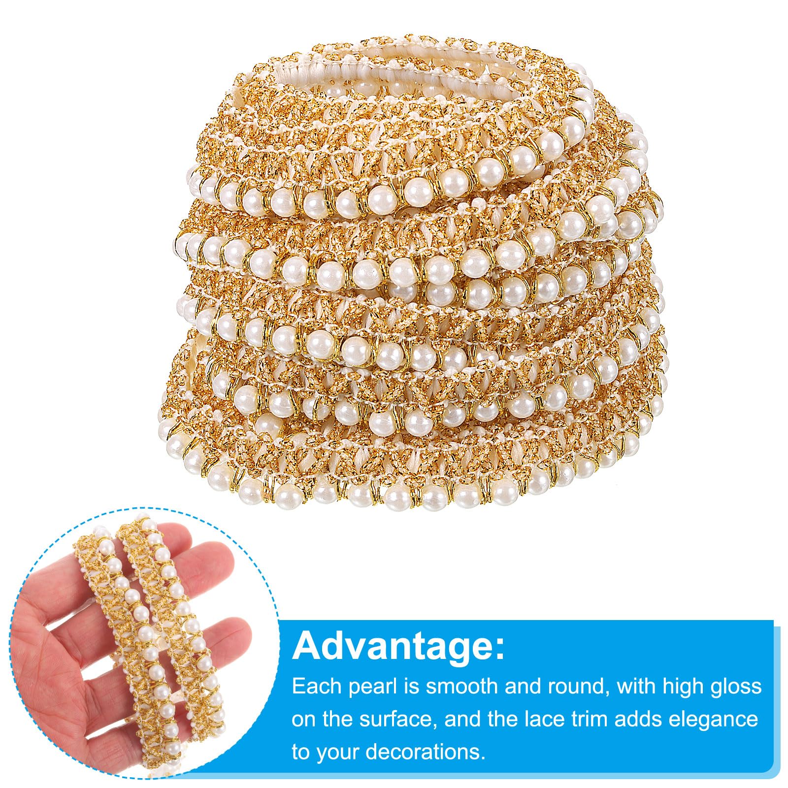 PATIKIL 5 Yard White Golden Pearl Braided Lace Ribbon - Image 3
