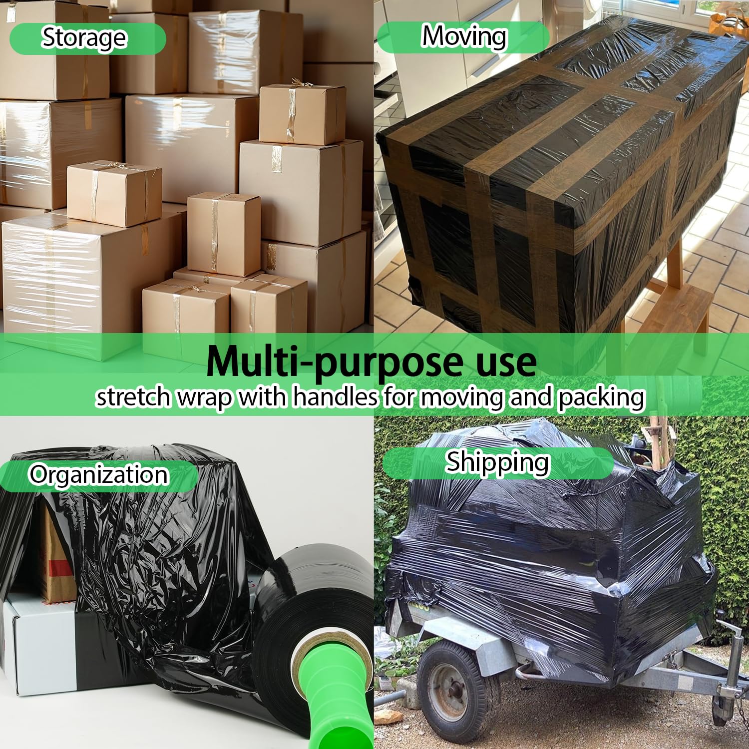 Mini rollo de película elástica negra, 5 x 1000 pies, 4 paquetes con 1 mango de plástico, envoltura de plástico industrial autoadhesiva para envoltura de palés, embalaje resistente, mudanza, envoltura