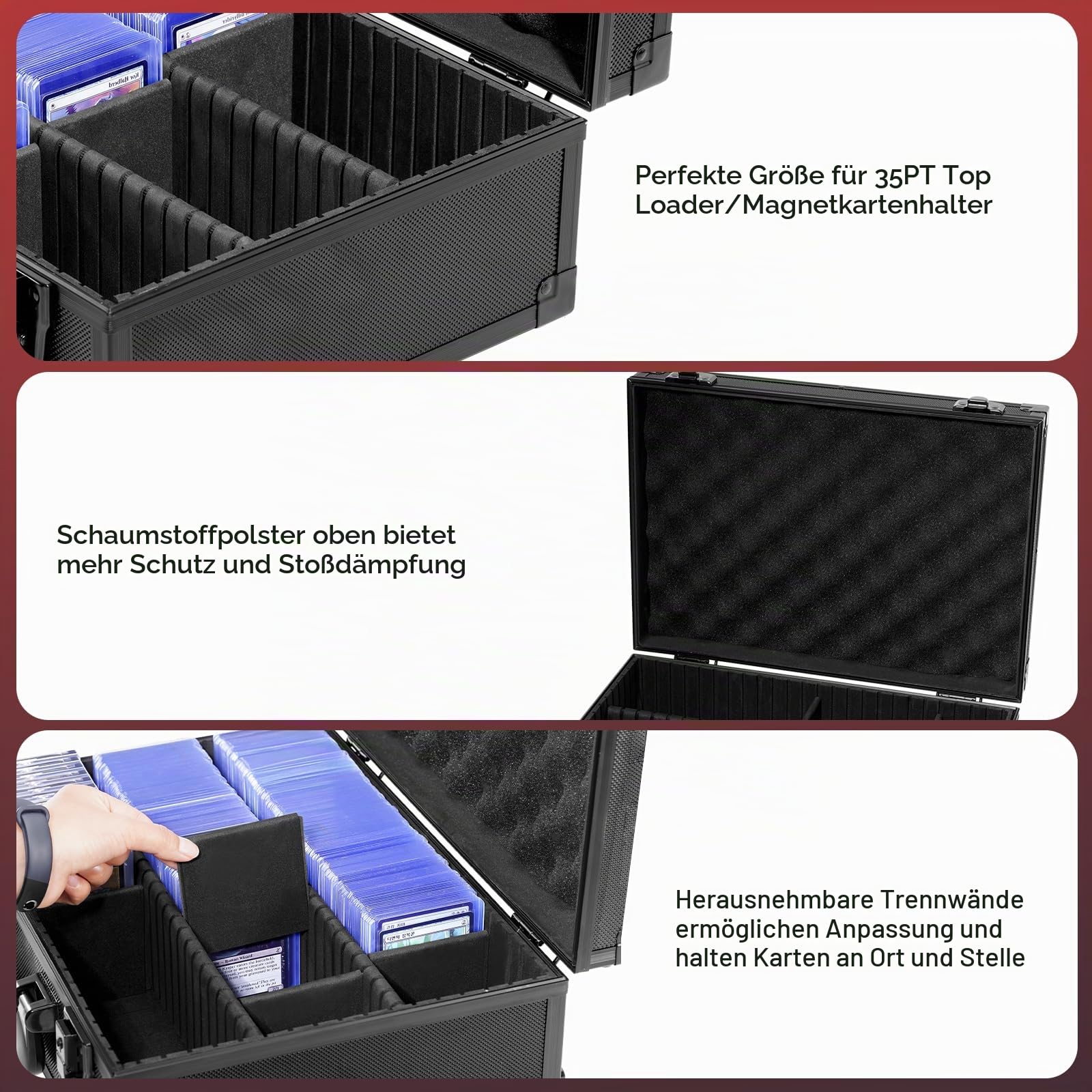 ProCase Stoßfest Toploader Sammelkarten Aufbewahrungsbox, Aluminiumstruktur-Schließfach mit Verstellbaren Teiler für 600+ Toploader, Magnetkartenhalter, MTG, TCG, Yugioh, Sportkarten -Schwarz