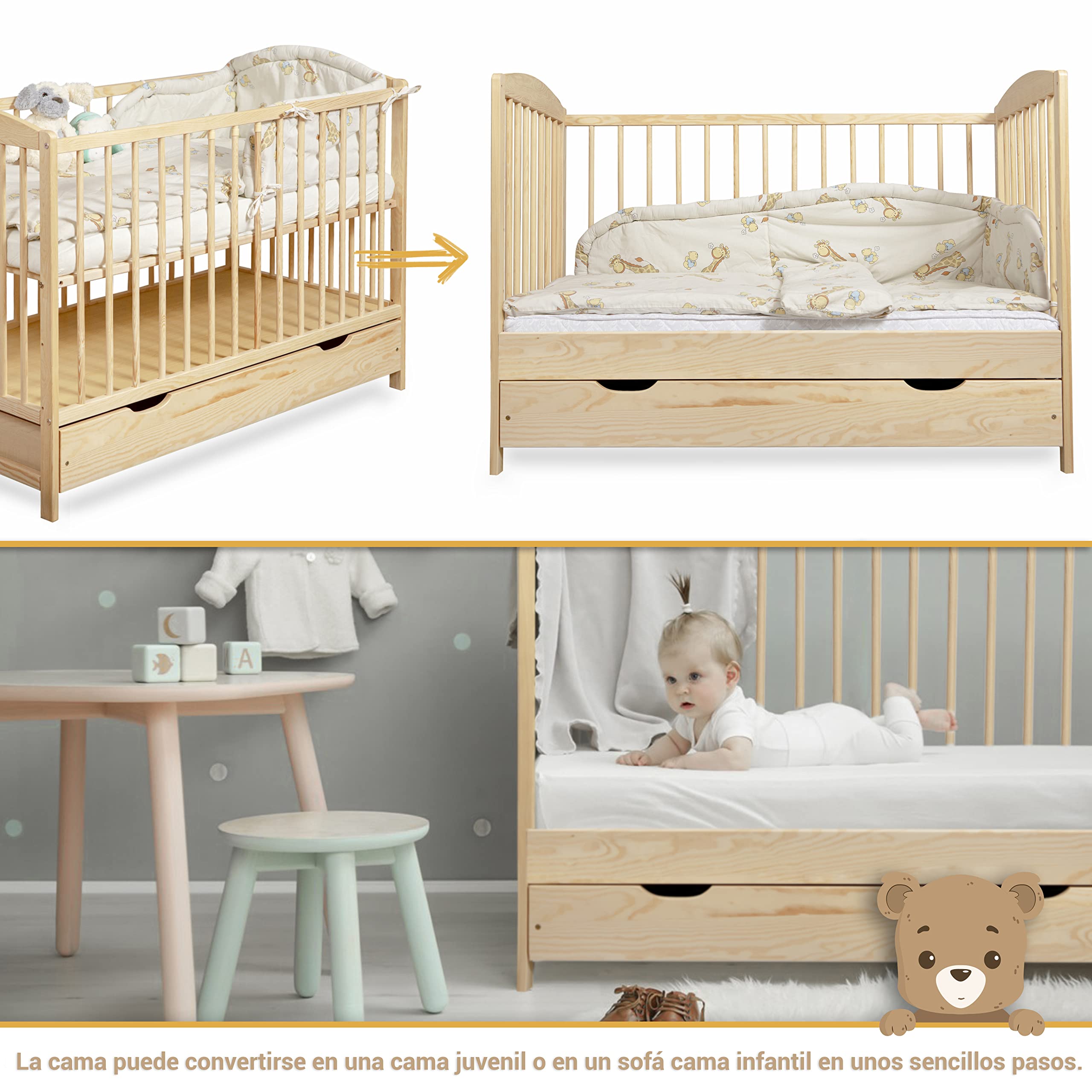Cuna Bebe con Cajón - Cuna Bebe Madera con Barandillas de Protección - 60x120cm - Regulable en Altura - Cuna para Bebe Convertible en Cama Infantil - Cuna de Bebe para Niñas y Niños Marrón