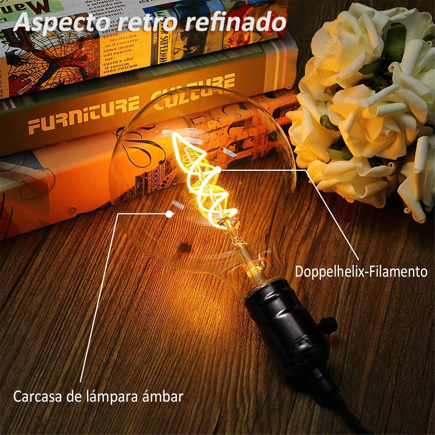 Bombilla Edison Vintage E27, G80 4W Bombilla LED E27 Regulable Ideal Para Iluminación Nostálgica y Retro en la cafetería del hogar, Vidrio ámbar - 6 piezas（HPS3PBT2）