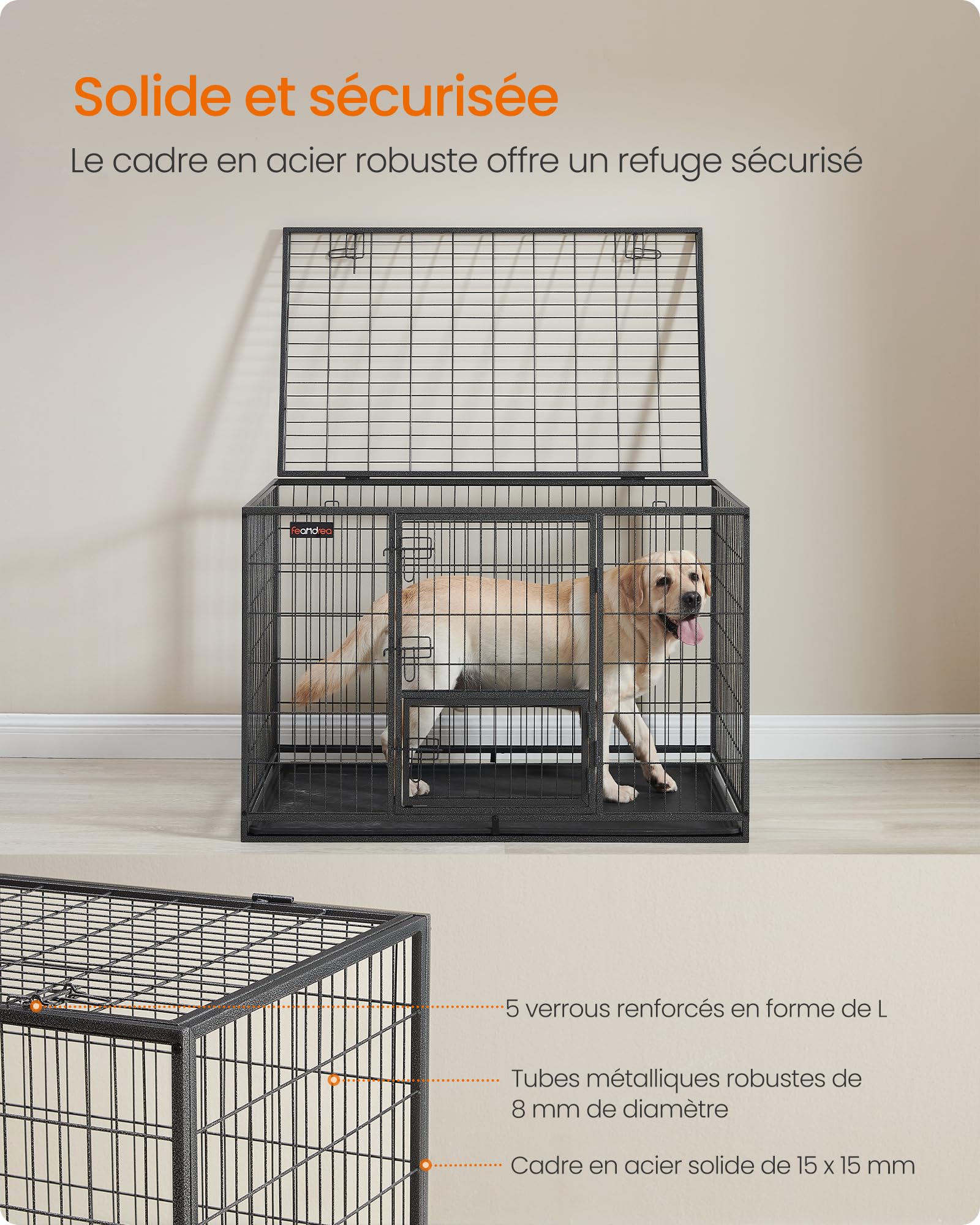 Feandrea Cage pour Chien Lourd, 122 x 74,5 x 80,5 cm, pour Chiens Moyens et Grands, Double Porte Amovible, XXL, Gris PPD003G01