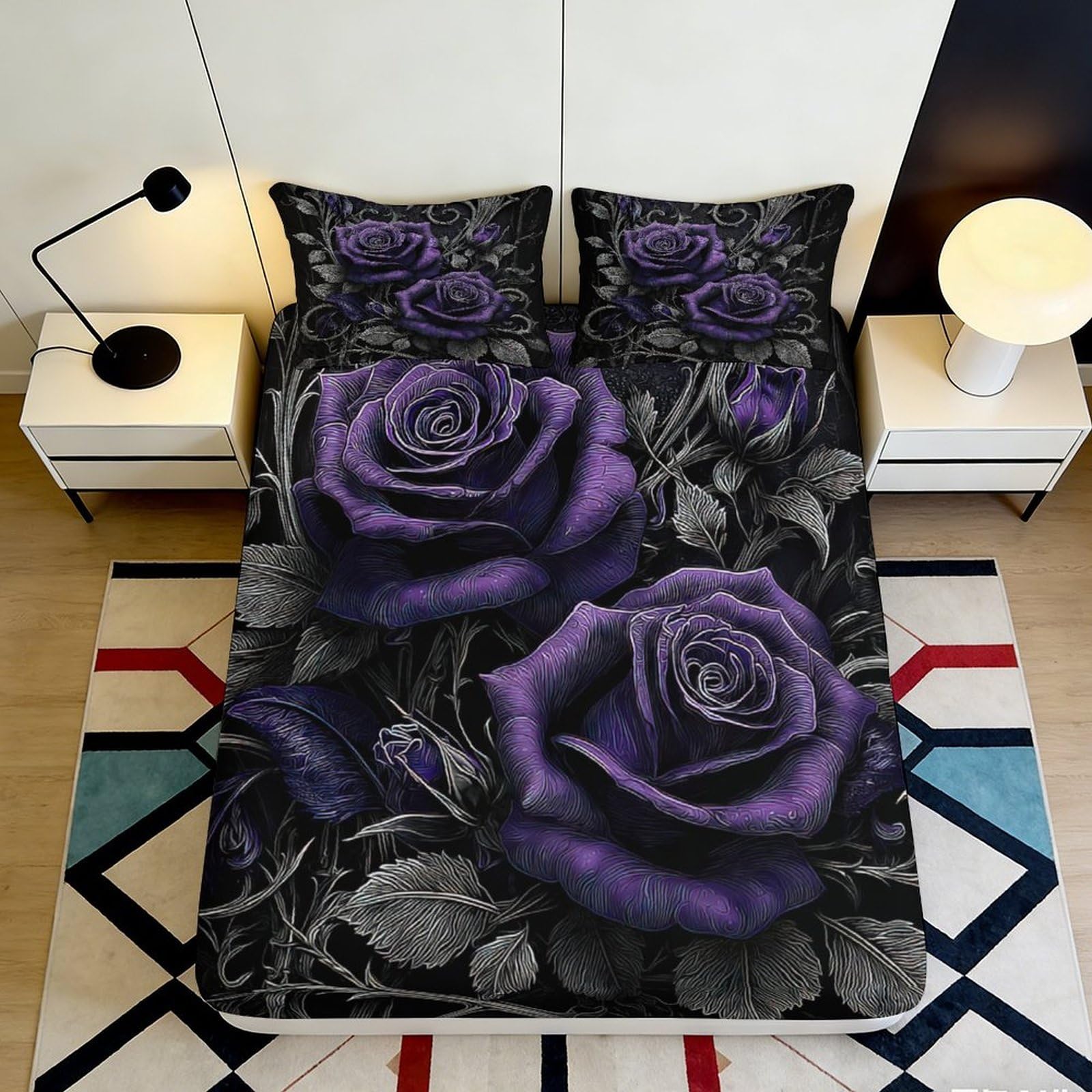 Decorative Purple Rose Fitted Sheet 3D Printed Soft Touch Microfiber Bed Cover for Bedroom, Guest Room Bedding, Wrinkle Resistant, Easy Care, Stylish Accent, 115 Characters 90x200x25cm