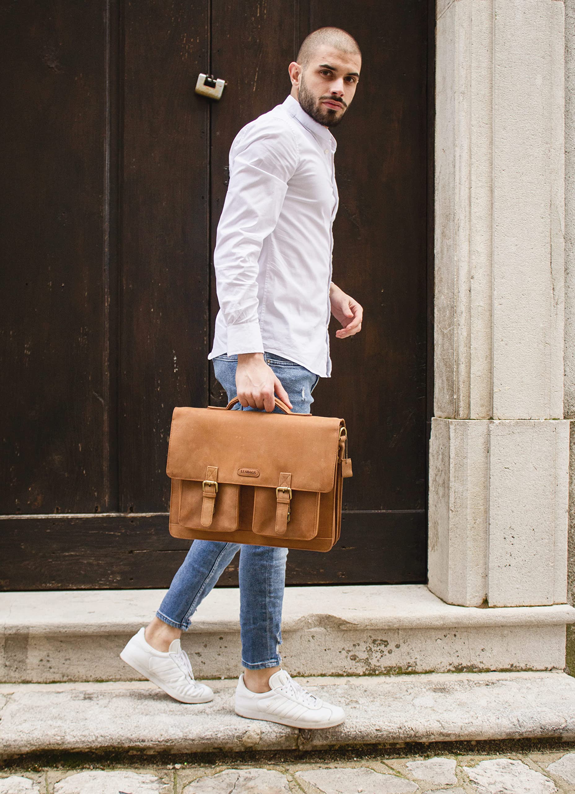 LEABAGS Leder Aktentasche Herren & Damen I Echtleder Laptoptasche bis 15 Zoll I Umhängetasche mit Schultergurt I Schultertasche I Messenger Bag I Arbeitstasche I Lehrertasche