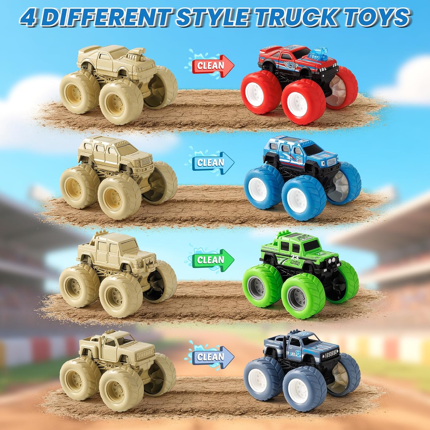 IJIGU Monster Truck Toys for 3 4 5 6 7 Year Old Kids, Wash to Reveal Monster Trucks for Toddlers, 4 Pack Toy Trucks with Realistic Mud Paint, Birthday Gifts for Boys Girls Age 3-5 6-8