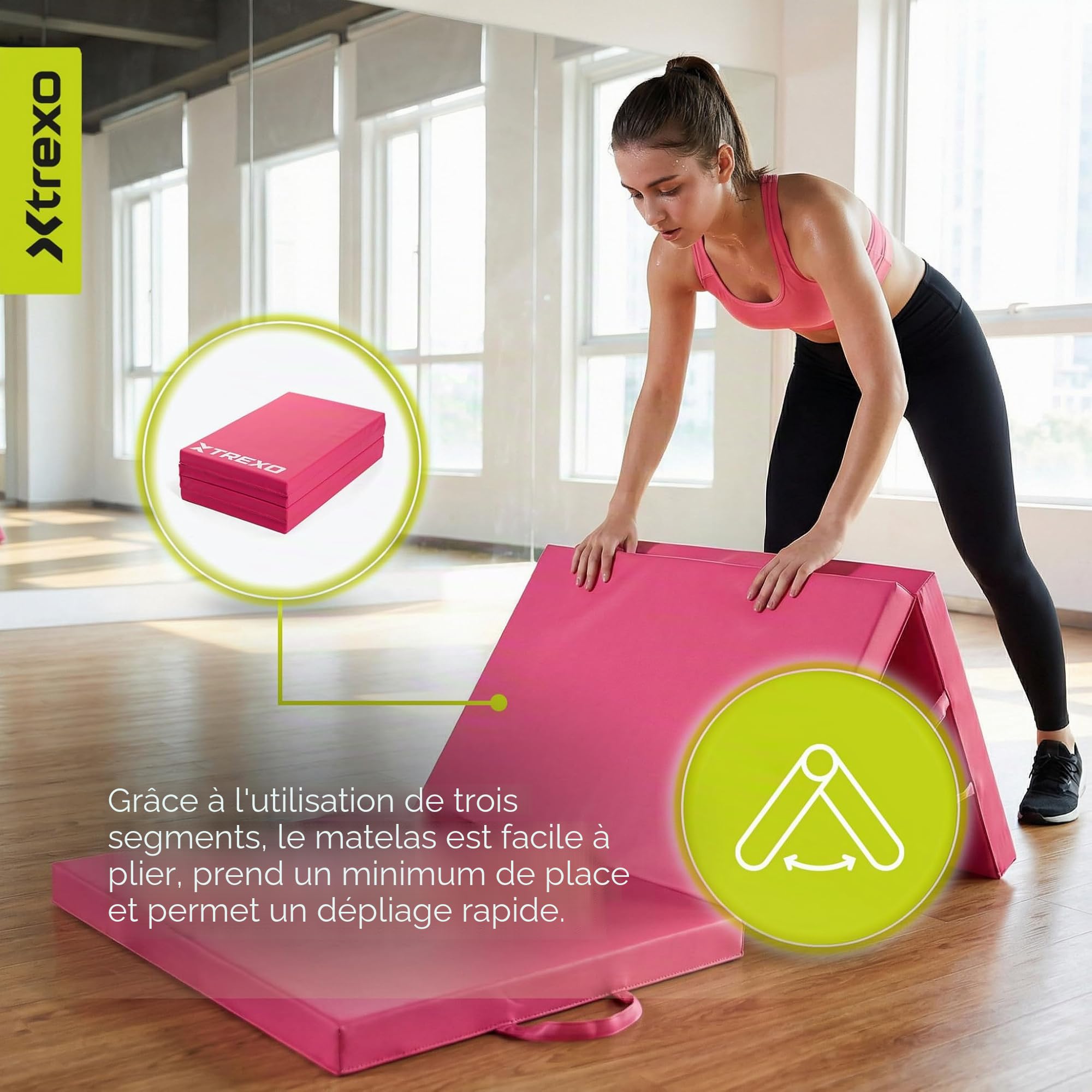TREXO – Tapis de Gymnastique Pliable 180 x 60 x 5 cm 3-Panneaux – Tapis d’Entraînement Portable avec Poignée, Mousse EPE & Revêtement Similicuir – Rose