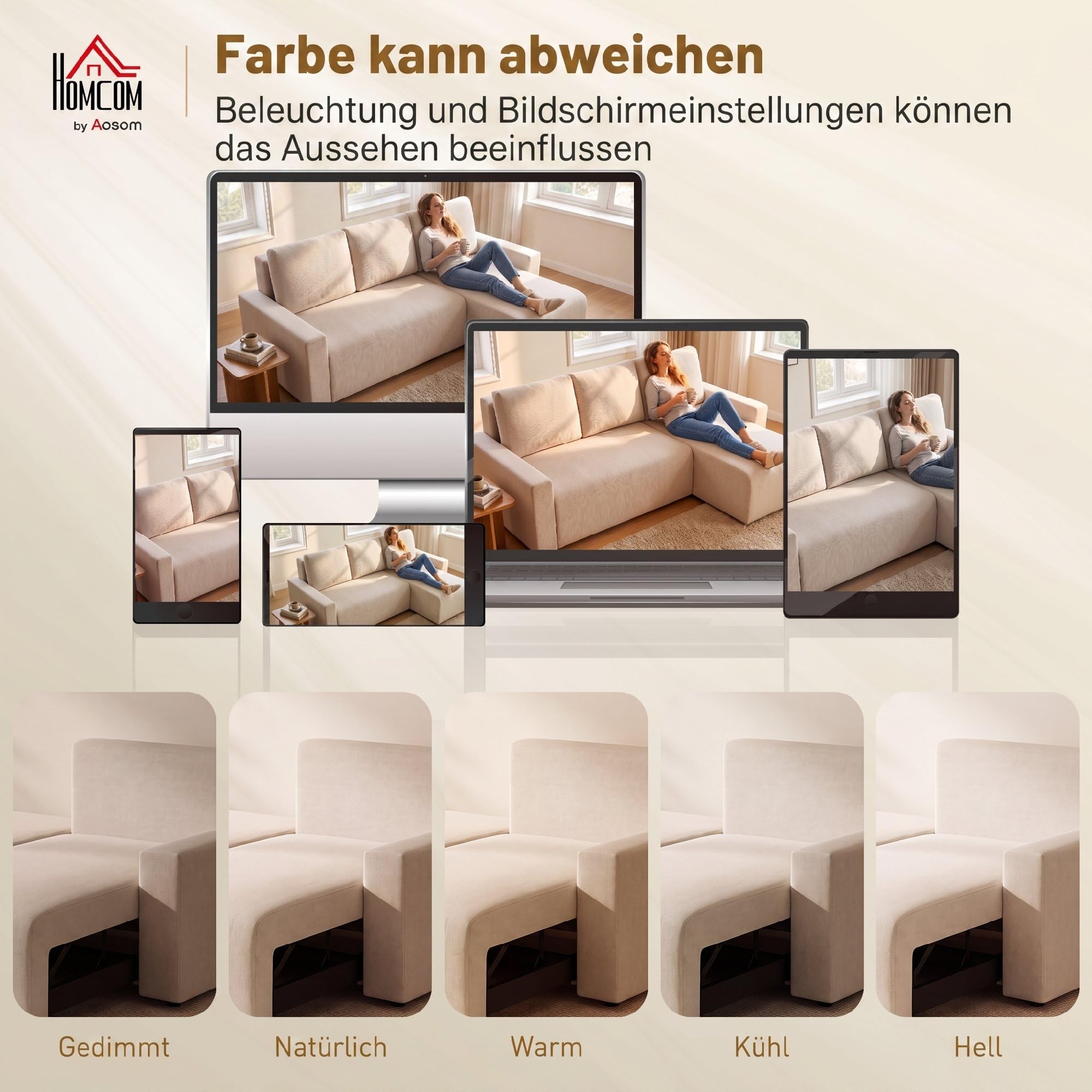 HOMCOM Ecksofa L-Form mit Schlaffunktion Umkehrbarer Chaiselongue Beige | 3-Sitzer Sofa, 2-in-1 Schlafsofa, Veloursbezug, Schlafcouch für Wohnzimmer, Hergestellt in der EU