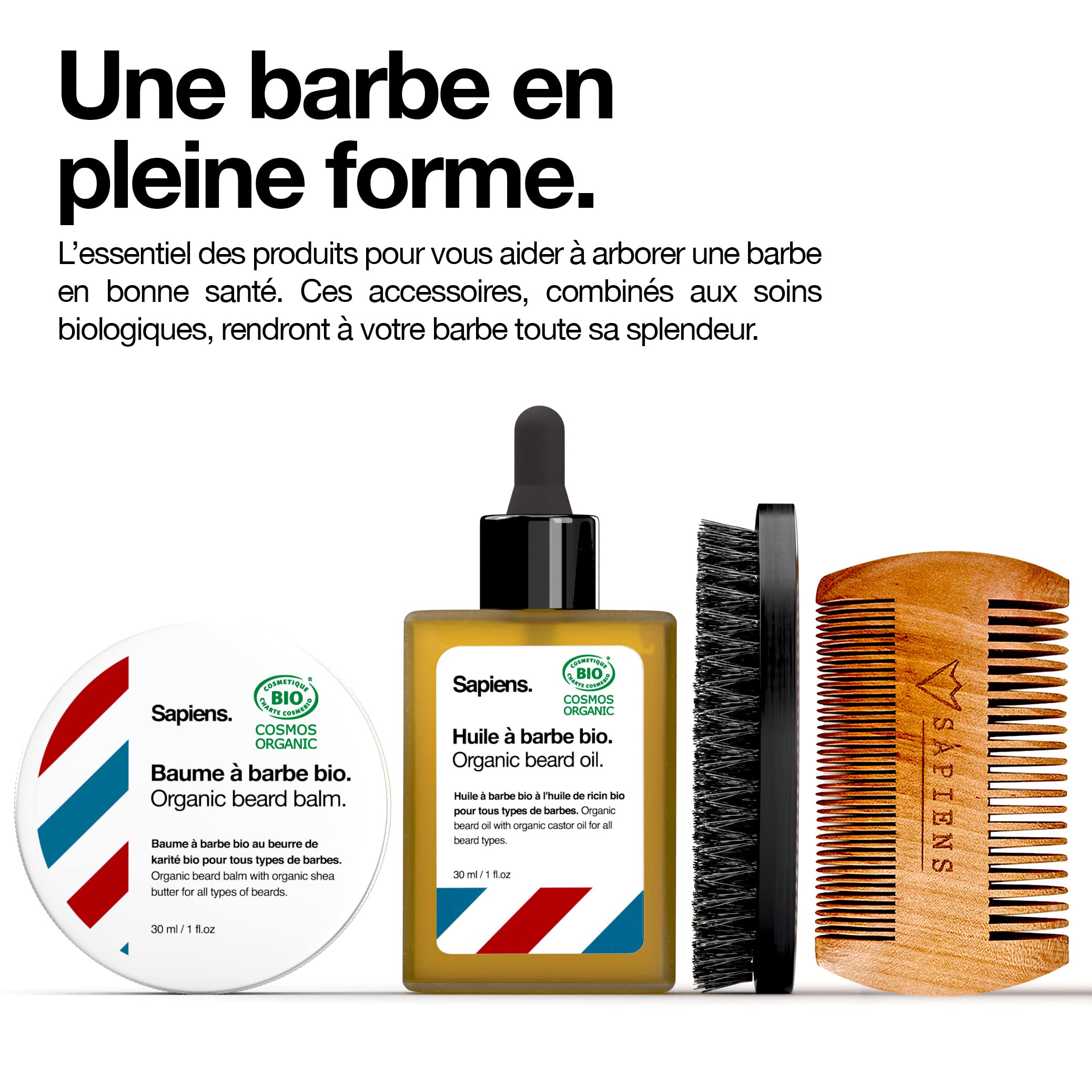Coffret Barbe Homme Bio Sapiens - Kit Rasage et Soins Barbe Made in France avec Gel Rasage, Huile Barbe, Baume Barbe, Rasoir Coupe Choux