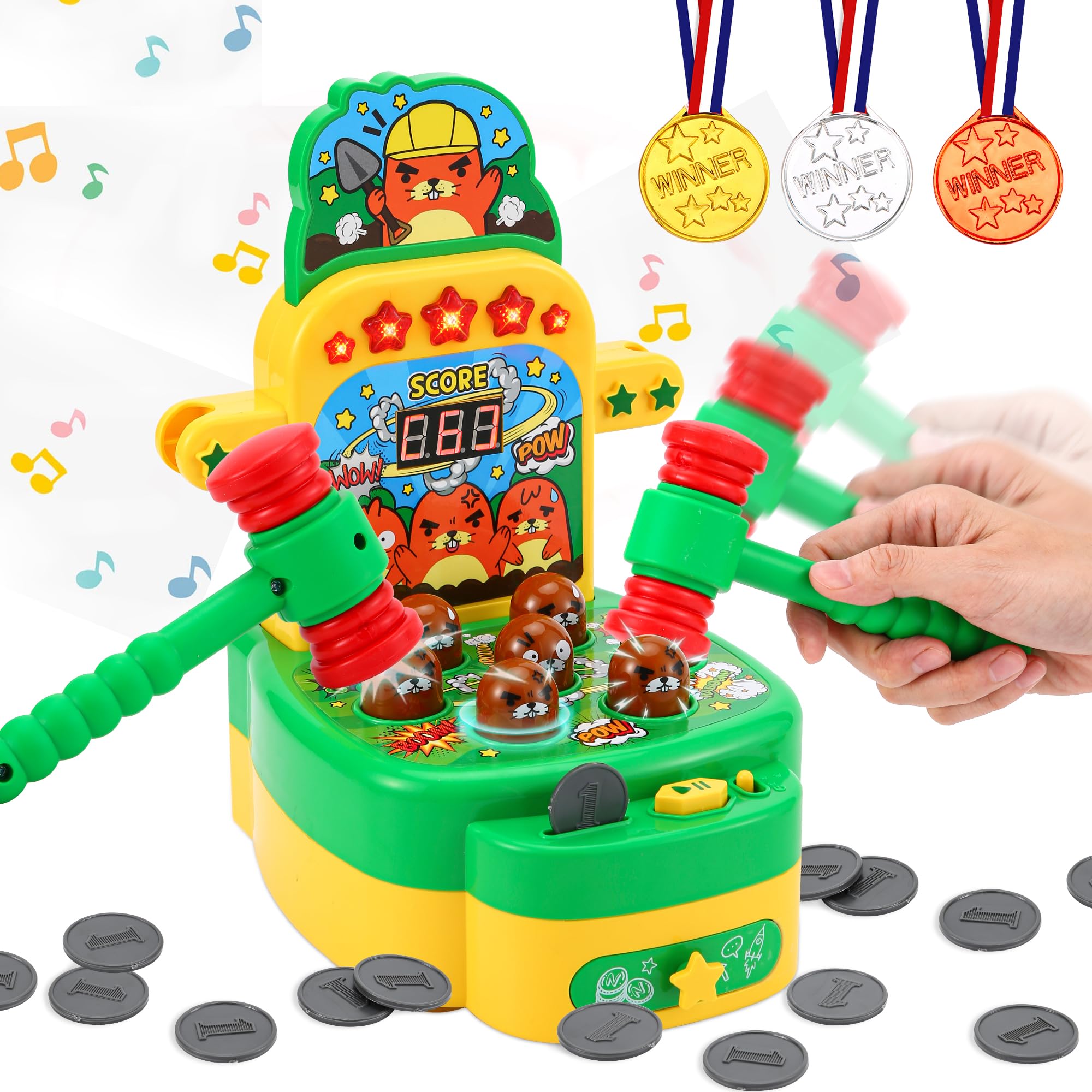 Joellfuner Whack Spiel, Elektronisches Mini Arcade Spielzeug, Schlag den Maulwurf, Münzspiel mit 2 Hämmern, Eltern-Kind-Interaktion Hammerspiel Spielzeug für Kinder im Alter von 3-6 Jahren