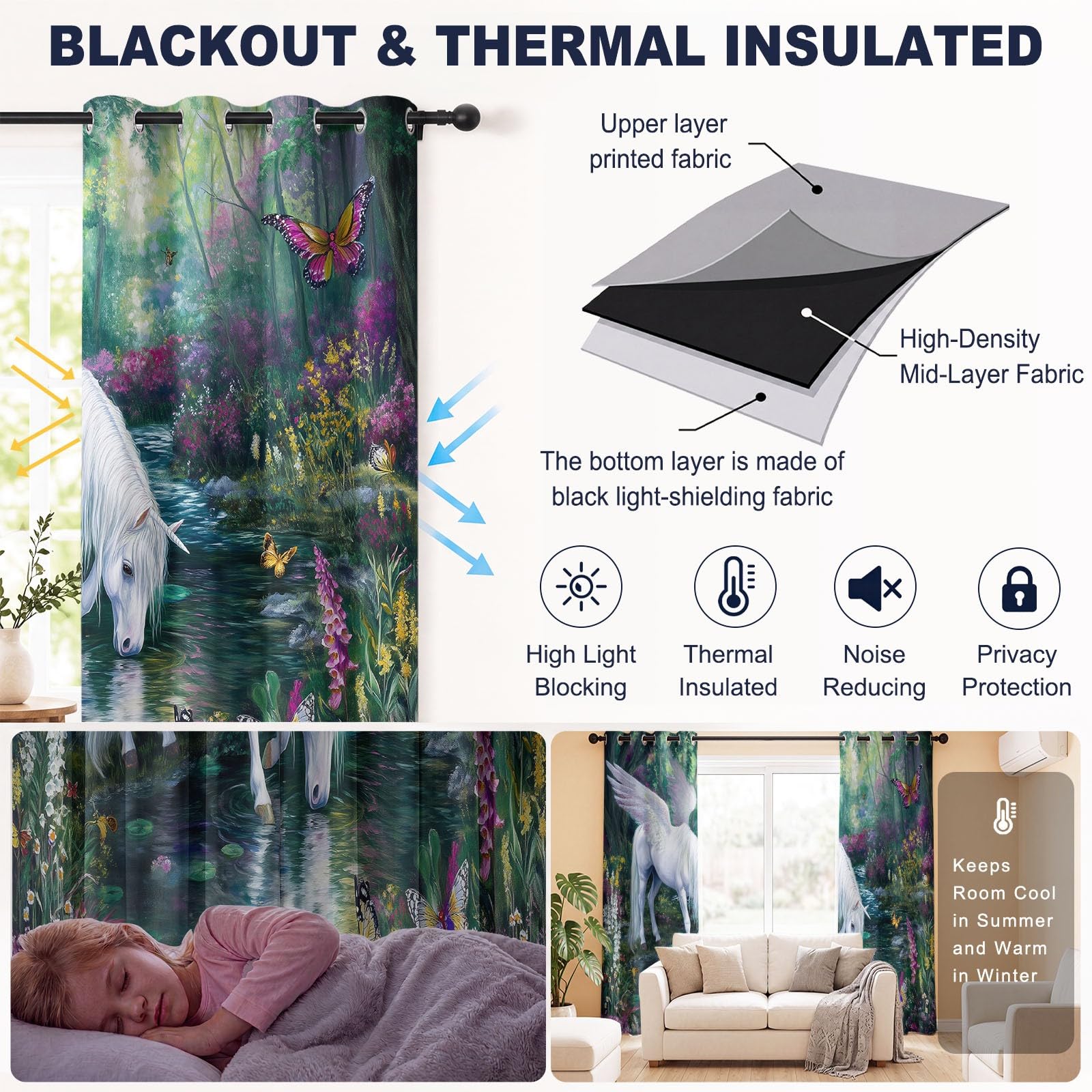 Générique Rideau Occultant Fantaisie, Rideaux Thermiques à Oeillets Licorne Forêt Illustration pour Chambre d'enfants Salon Cuisine, 140 x 160 cm(L x H) Isolant Thermiques Anti UV Rideaux, Lot de 2