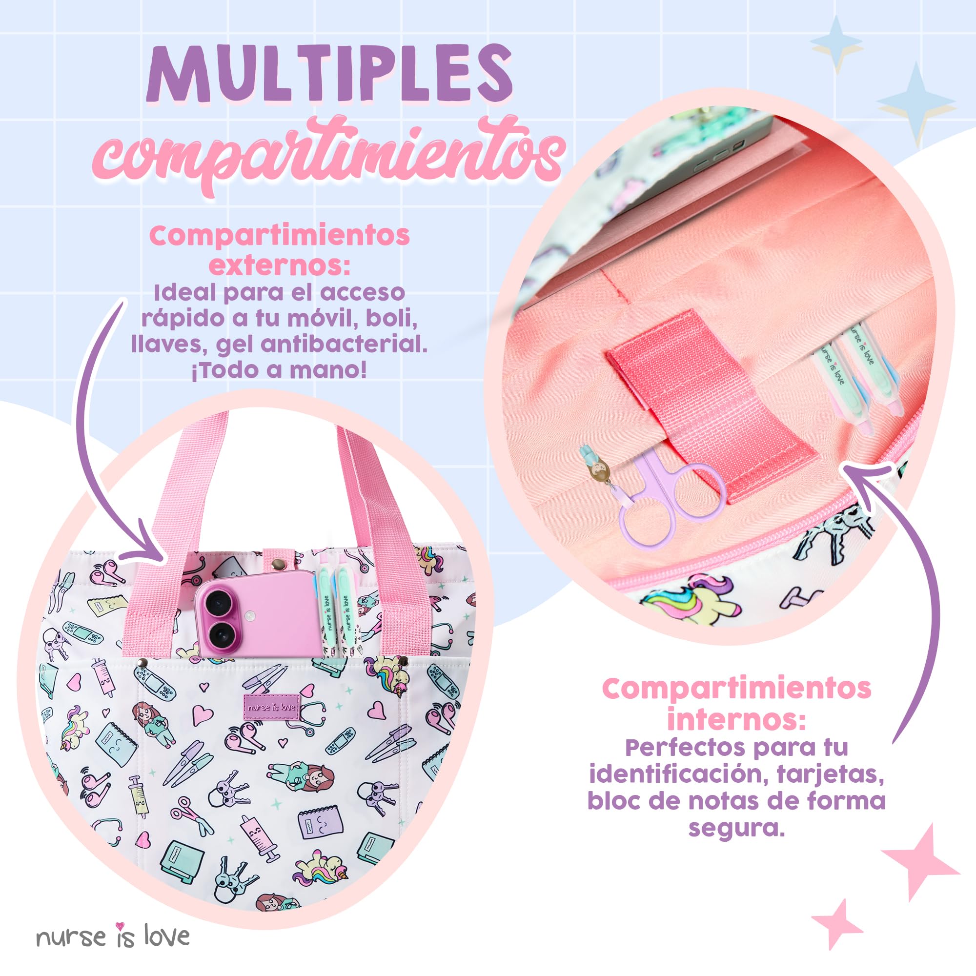 Nurse is Love Bolso Mujer Grande con Asas para Enfermera - Bolsos Tote Bag Multiples Bolsillos Para una | Organizador, Guarda Tijeras Enfermeria, Regalos, Tcae Accesorios
