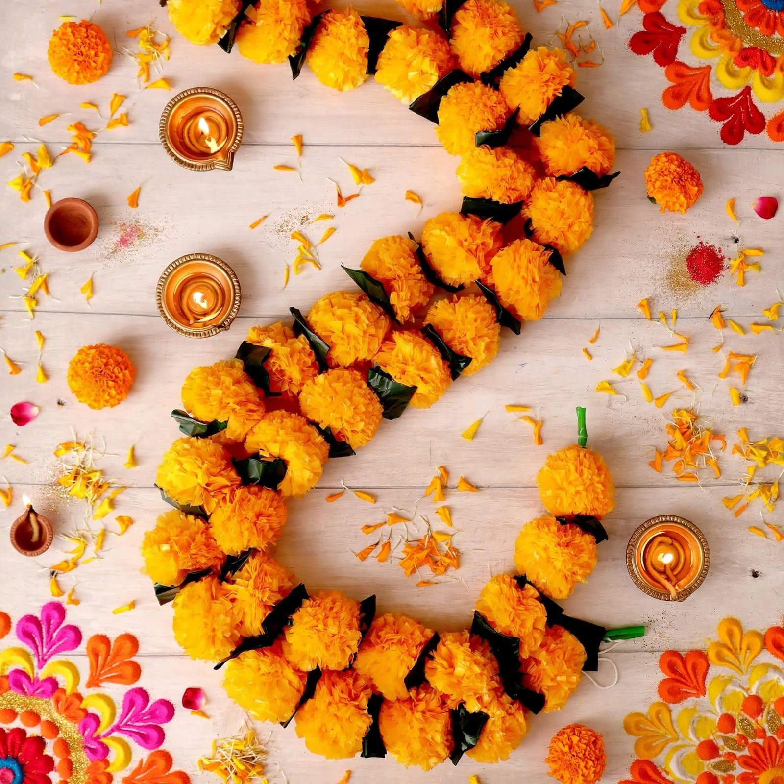 5 PC - 4.5 feet Marigold Garland with Green Leaves |Indian/American Wedding Party Mantle Decoration, Faux Garlands Wedding Garland, Diwali Decoration, Spring Bush Floral!