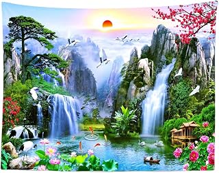 BELECO Fairyland Mountain Lake Wall Hanging - Waterfalls Landscape Painting, Nature Paradise, Japanese Aesthetic for Bedroom & Living Room Decor - 80x60 Inches