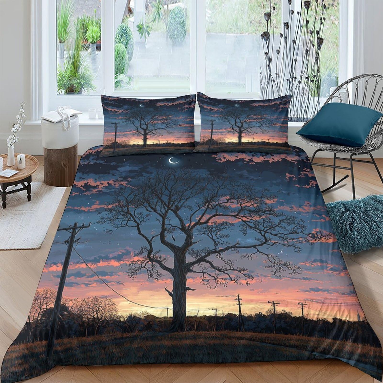 Ctjqhvkz Style-5 3D Printed Sunset Tree Fitted Sheet Microfiber Soft Sky Landscape Bed Cover For Bedroom Dorm Mattress Protection Decor Single（135X200cm）