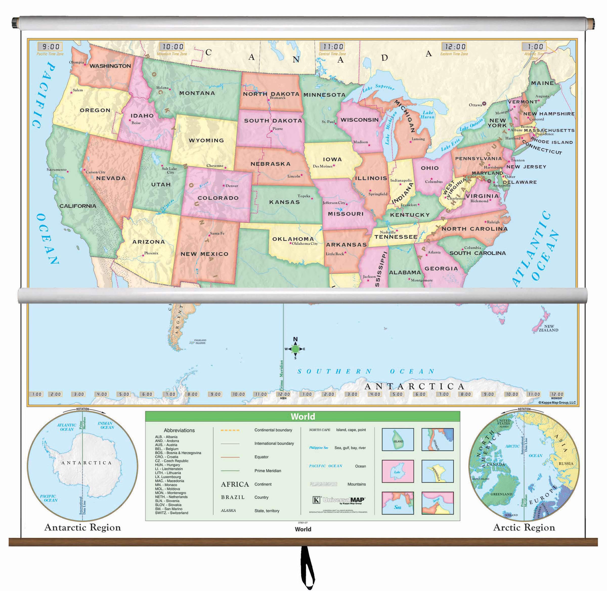 United States/World Map - Pull Down Roller Map with Wall Mount