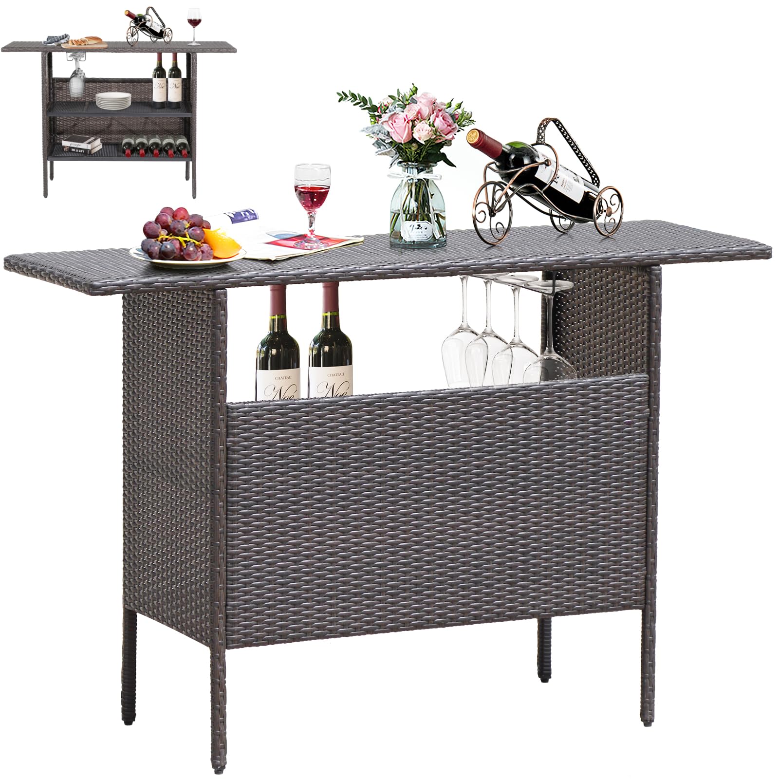 TANGZON 3 Tier Outdoor Bar Table, PE Rattan Garden Table with 2 Metal Mesh Shelves & Glass Holder, Indoor Outdoor Dining Furniture for Bistro Backyard Patio Poolside Balcony, 140 x 47 x 92cm