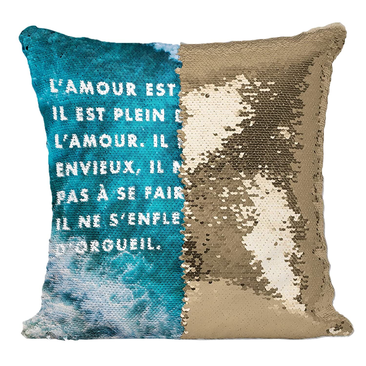 Housse Sequin Paillettes Doré avec Citation Spirituelle de la Bible