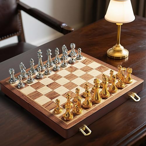 Miniatura 7 de BIVOMON Juego de ajedrez de madera para adultos y niños, tablero de ajedrez plegable de 12 pulgadas con piezas de ajedrez de metal, juego de ajedrez