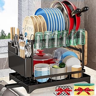 Dish Drying Rack,Dish Rack for Kitchen Counter,2 Tier Large Dish Drying Rack with Drainboard Stainless Steel Dish Drainer with Drainage Utensil Holder for Dish/Knifes/Cup/Cutting Board(14.6*11*12 IN)