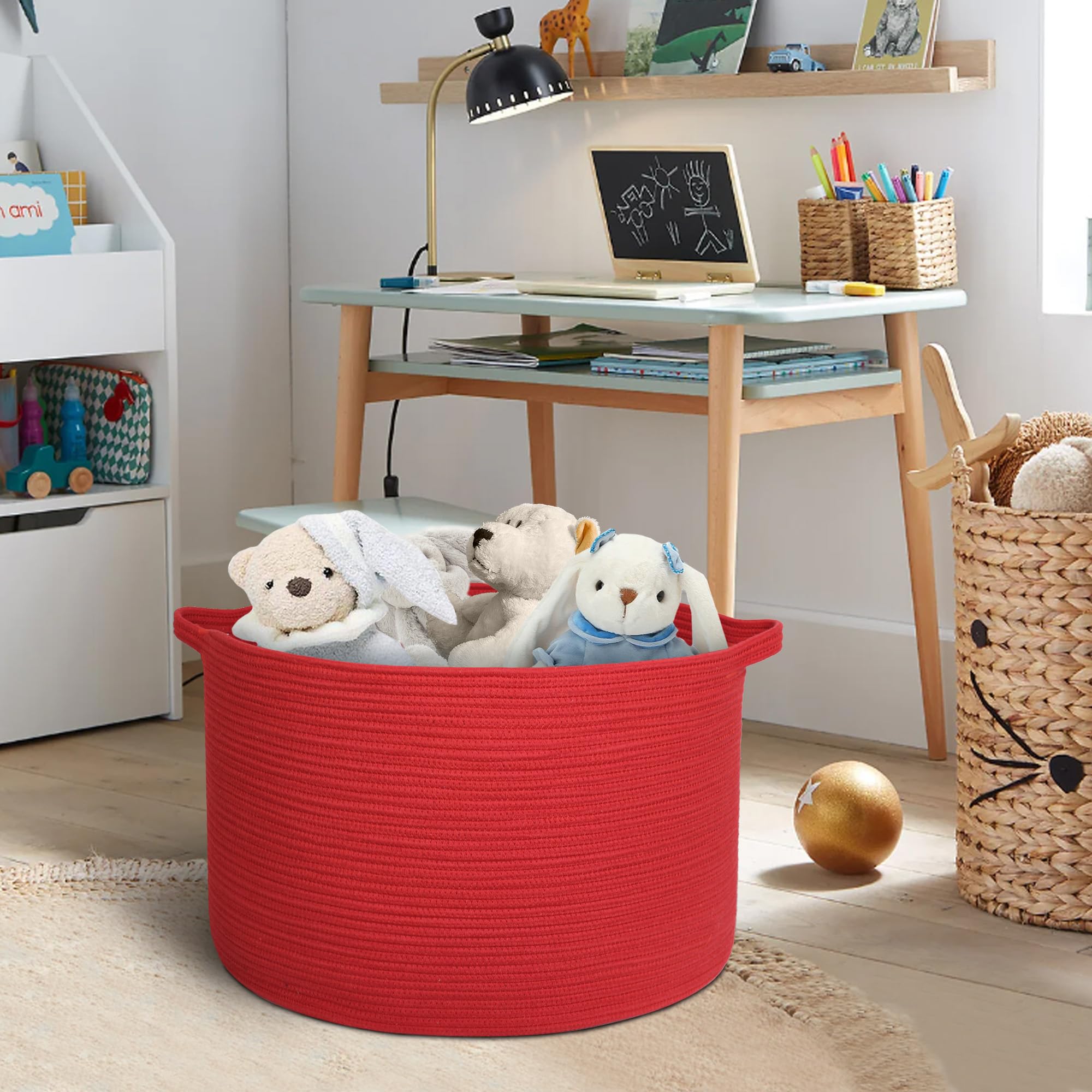 MEGASKET extra großer roter Aufbewahrungskorb 55,9 x 55,9 x 35,6 cm aus Baumwollseil – ideal für Decken, Wäsche, Spielzeug oder Haustierbedarf. Stilvoller Organizer für Wohnzimmer oder Kinderzimmer