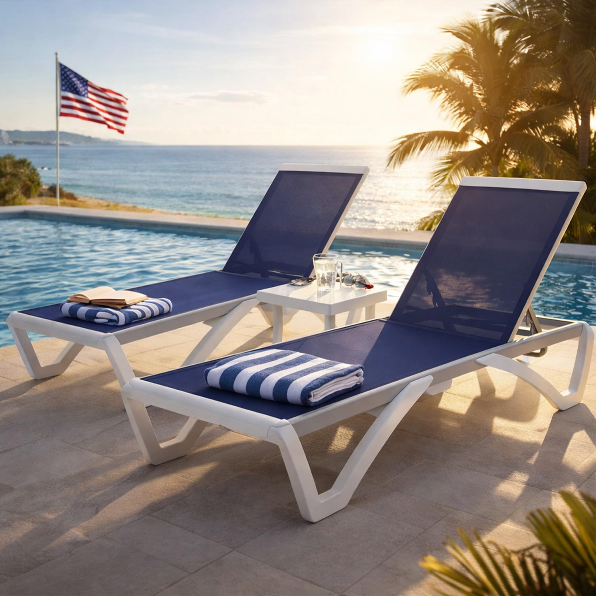 Kozyard 3-Piece Outdoor Chaise Lounge Chair Set, Fully Flat Adjustable Patio Lounger with Aluminum Frame & Resin Legs, Textilene Fabric for Poolside, Backyard & Beach (Navy Blue, 2Chairs +Table)