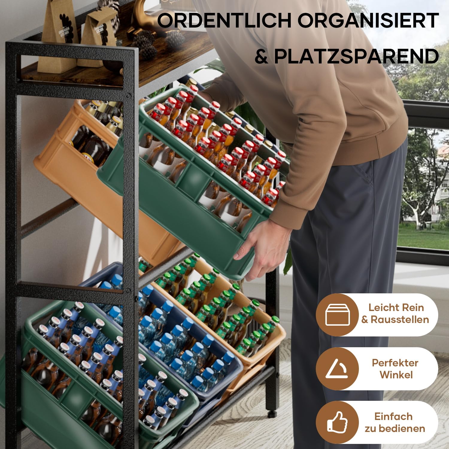Getränkekistenregal 6 Kisten mit Ablage,33D x 104W x 115H cm Getränkeregal,Stabiler Metall Regal Getränkekisten,Freistehend Bierkisten Regal für Küche Keller Garage,Kistenregal Rustikales Braun