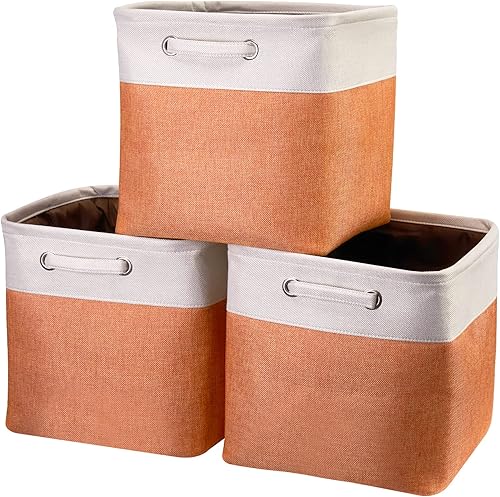 Cajas de almacenamiento plegables de tela, cajas de almacenamiento plegables de 13 pulgadas, canastas de almacenamiento de retazos naranja y beige,