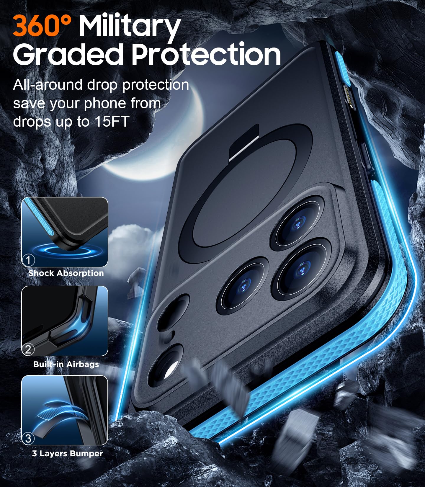 Magnetische Schutzhülle für iPhone 17 Pro, wasserdicht, eingebauter Bildschirm- und Kameraschutz, IP68, Unterwasser-Ganzkörperhülle, 4,2 m, militärisch, sturzsicher, stoßfest, 16 cm, Blau