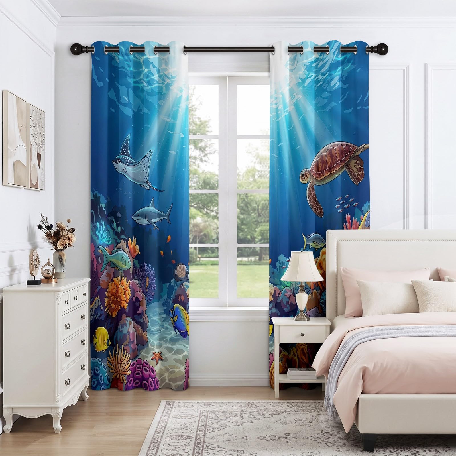 Tende oscuranti con animali marini, barriera corallina, tartaruga marina, per ragazzi e ragazze, tende oscuranti con occhielli, per cameretta dei bambini, camera da letto, 175 x 140 cm (altezza x