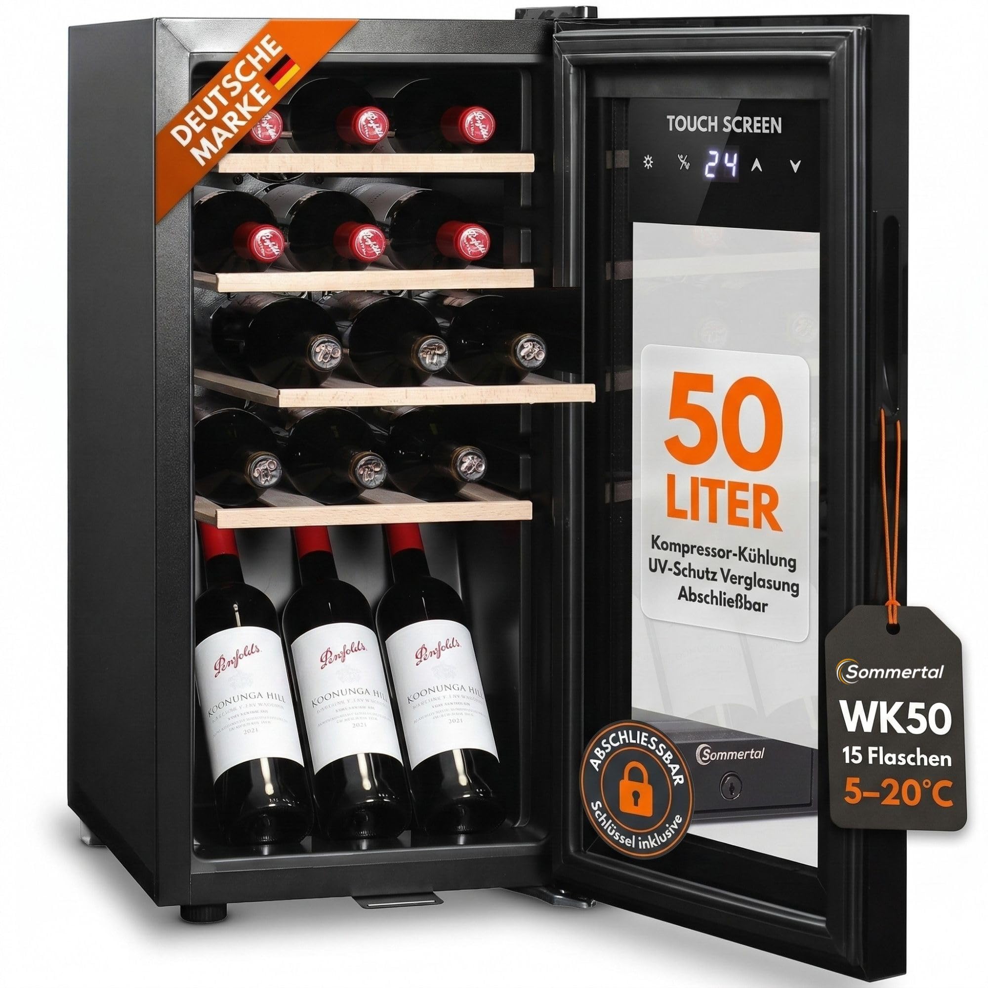 Sommertal WK50 Weinkühlschrank | 15 Fl. 5-20°C Glastür UV-Schutz LED