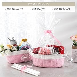2 Pack Small Woven Basket with Gift Bags and Ribbons, Empty Decorative Gift Chest Box, Cute Baby Gift Basket for Nursery, Cotton Rope Room Shelf Storage Basket with Handles, All 12x 8x 5, Pink
