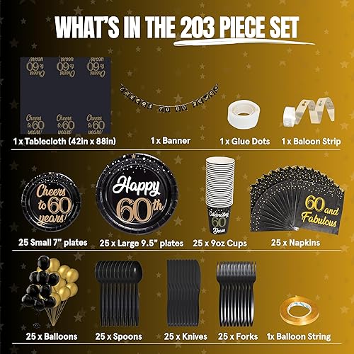 Miniatura 2 de Juego de 202 piezas de decoración de cumpleaños 60 con pancarta preencordada, platos, vasos, servilletas, mantel, juego completo de cubiertos y