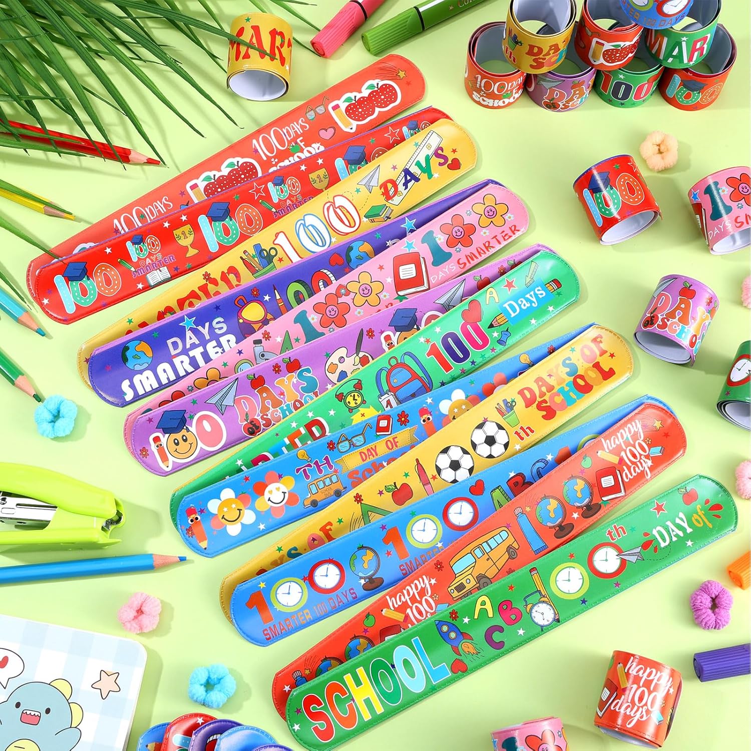 48 Pcs Happy 100 Days of School Slap Bracelets 100th Day School Snap Slip Wristband 12 Assorted Styles Slap Bracelets Smarter 100 Days Party Favors School Classroom Prize Gifts