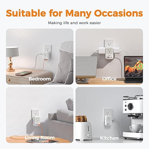 Miniatura 7 de Bloque de cargador USB C de 20 W, adaptador de carga rápida TESSAN PD con enchufe plegable, extensor de toma de corriente de 1875 W (4 CA y 4 USB)